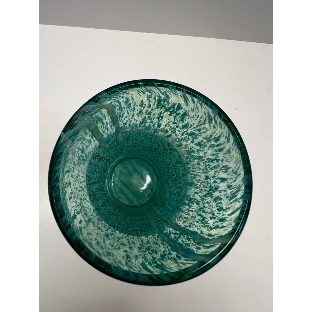 Hand Blown Art Glass Vase Mottled Aqua White Overlays Stretched Tapered Heavy